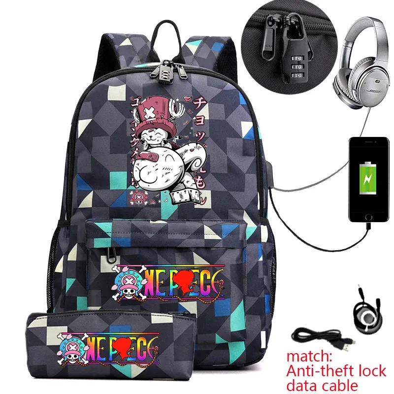 sac à dos antivol pour étudiants avec imprimé tony chopper, avec trousse à crayons, sac à dos décontracté pour garçons, filles et adolescents