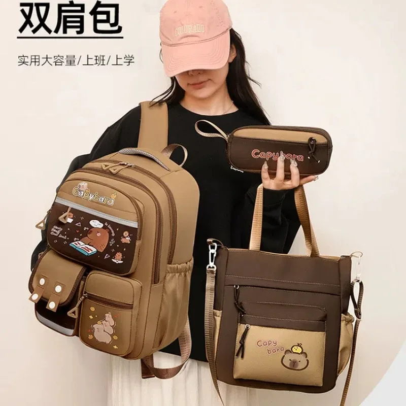 Sac à dos scolaire Capybara pour adolescentes, ensemble de sacs d'école décontractés pour enfants, sac à livres 3 pièces, sac à dos de voyage Kawaii pour enfants