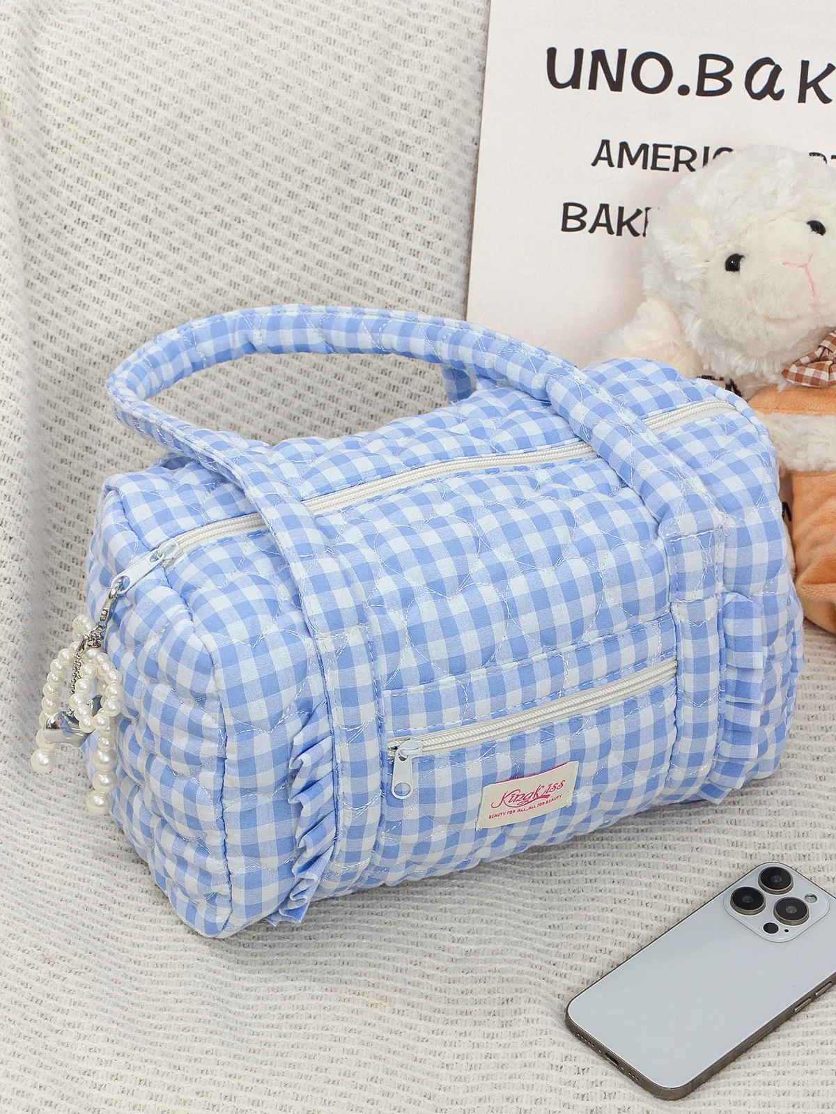 sac de voyage à carreaux bleus, sac de voyage multifonctionnel de grande capacité, sac de rangement portable pour articles de toilette quotidiens 1 pièce