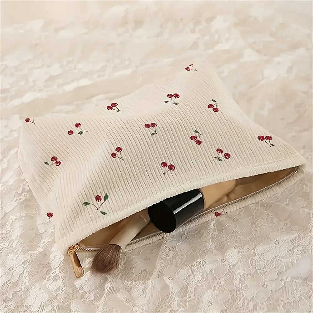 Pochette décontractée en velours côtelé imprimé cerise, sac de maquillage, sac à main multifonctionnel, organisateur de toilette, boîte de rangement de cosmétiques avec doublure