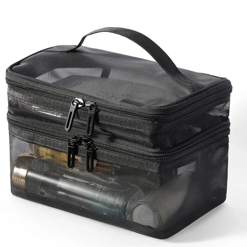 sac de rangement de cosmétiques de voyage à 2 couches, pochette de rangement transparente en maille pliante à fermeture éclair, sac de kit de lavage de maquillage de grande capacité 2025