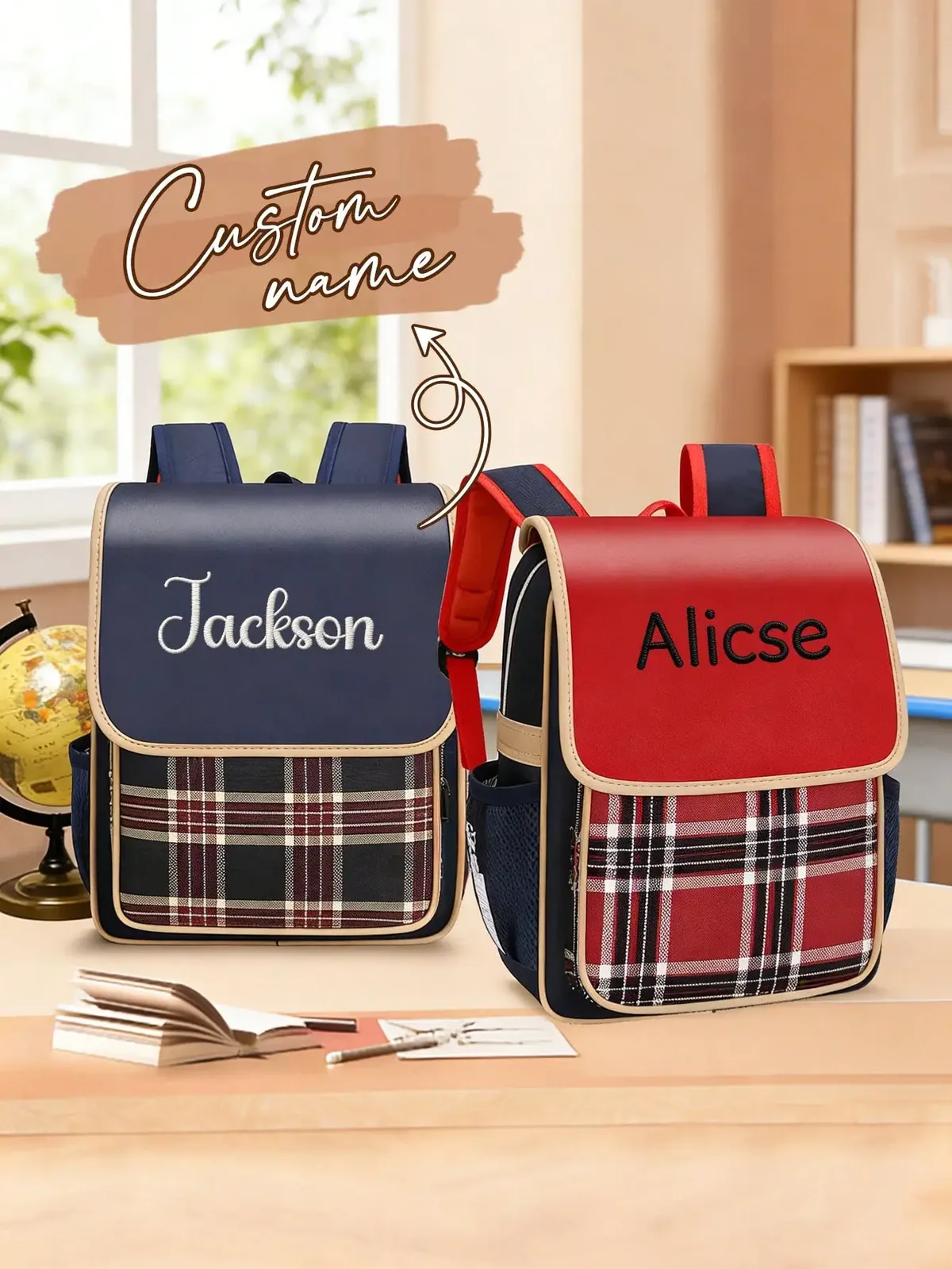 Sac à dos scolaire personnalisé avec broderie de nom pour enfants, sac à carreaux pour garçons et filles, cartable étanche format A4 pour la maternelle