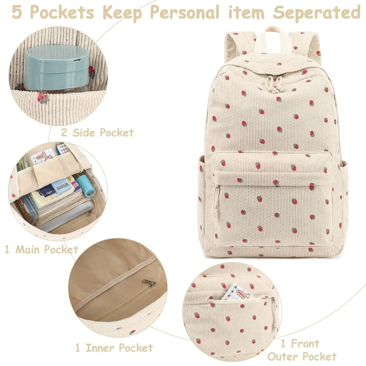 ensemble de 3 sacs à dos en velours côtelé motif fraise – polyvalent, décontracté, pour voyage et école – grande capacité et léger pour l'usage quotidien des étudiants