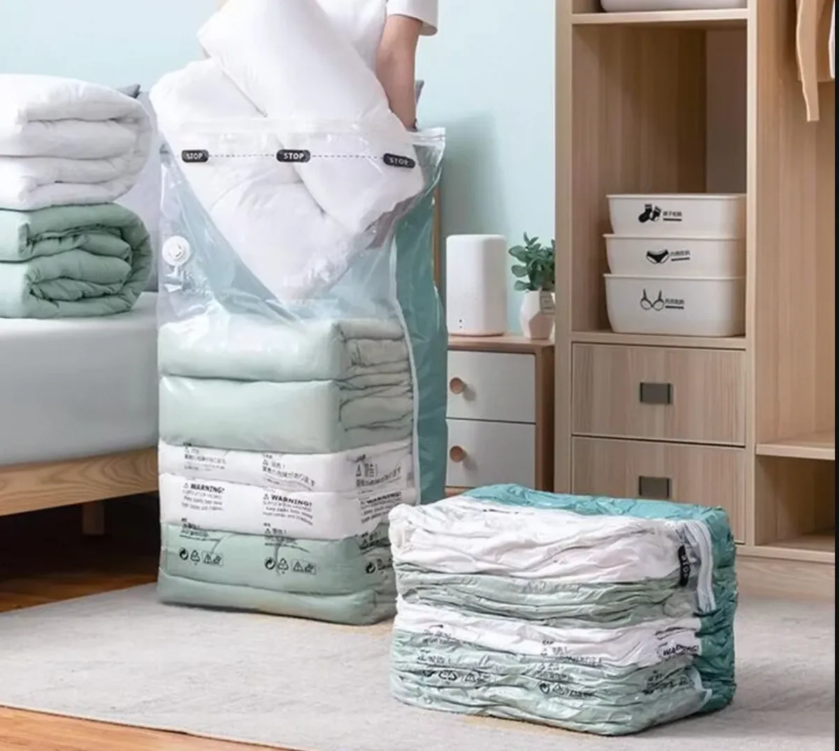 sacs sous vide sans pompe, grands sacs de rangement en plastique pour vêtements, couvertures, sacs de compress
