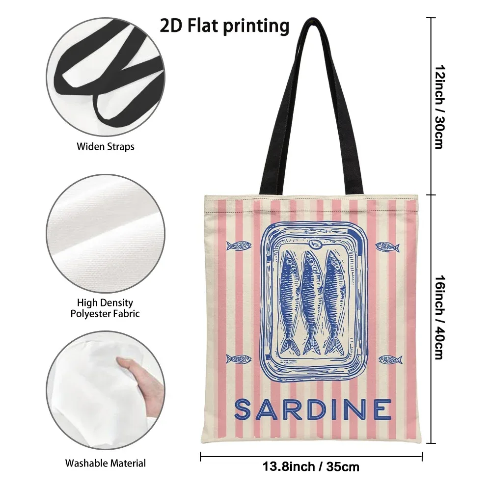 sac fourre-tout au design rétro vibrant motif sardine, sacs d'épicerie légers et réutilisables avec bretelles fixes, pour le shopping et l'usage quotidien