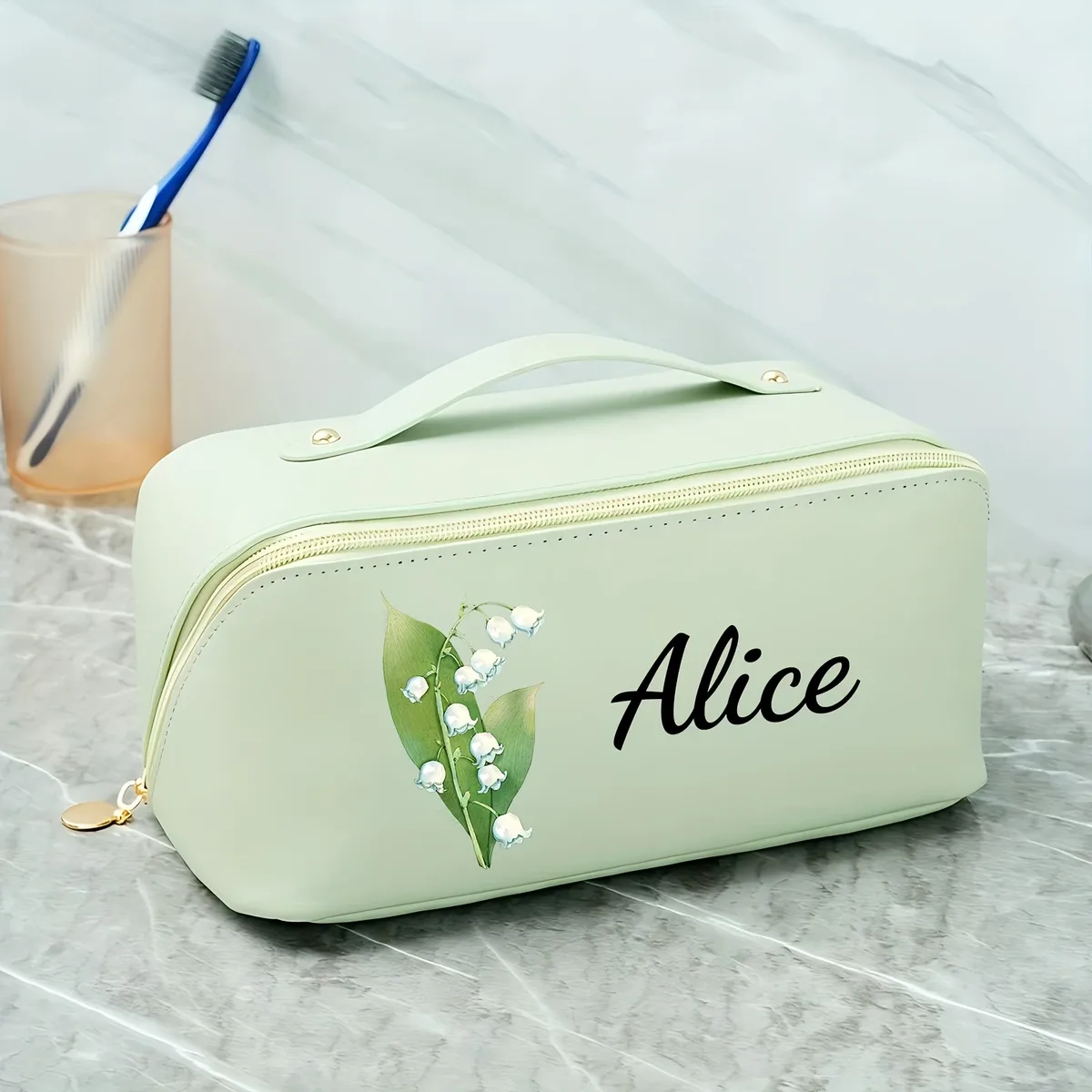 trousse de maquillage personnalisée avec fleurs et nom, trousse de maquillage à fermeture éclair, trousse de maquillage grande capacité pour femmes