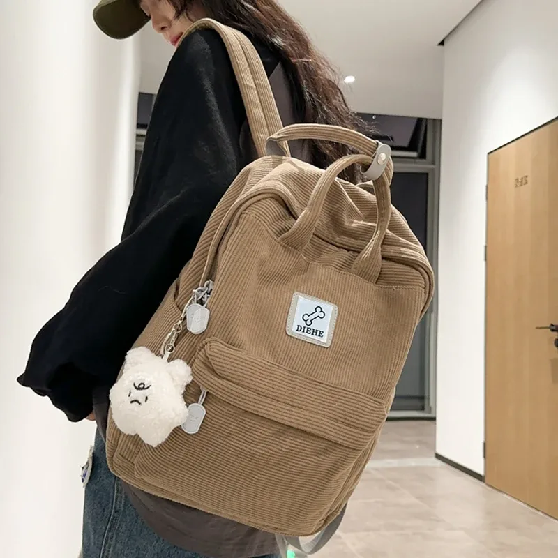 Sac à Dos en Velours Côtelé à Rayures pour Femme, Cartable pour Adolescentes, Garçons, Petit, Harajuku, pour Étudiante