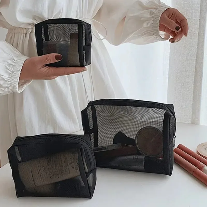 sacs à cosmétiques transparents en maille, trousse de maquillage noire, trousse de rangement portable, trousse de voyage en plein air, rouge à lèvres, poudres, cadeaux, taille s, m, l, 3 pièces
