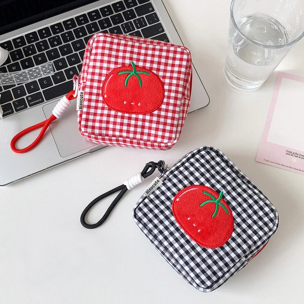 sac de rangement portable pour serviettes hygiéniques à motif quadrillé tomate pour femme, trousse de maquillage avec fermeture éclair, porte-tampons pour sac à main