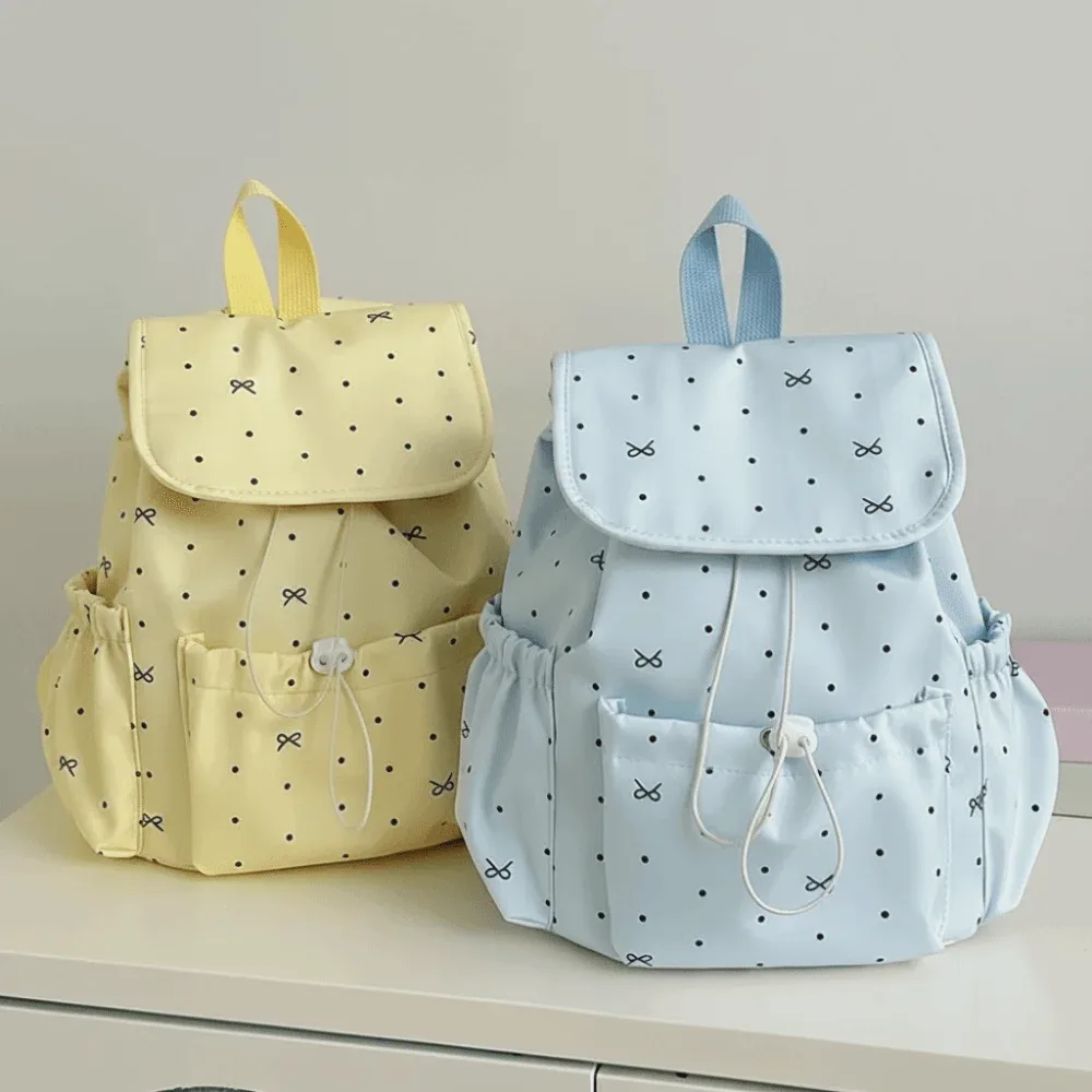 sac à dos de style japonais pour femmes, motif à pois, fermeture à cordon, sac à dos de grande capacité, sac de style preppy