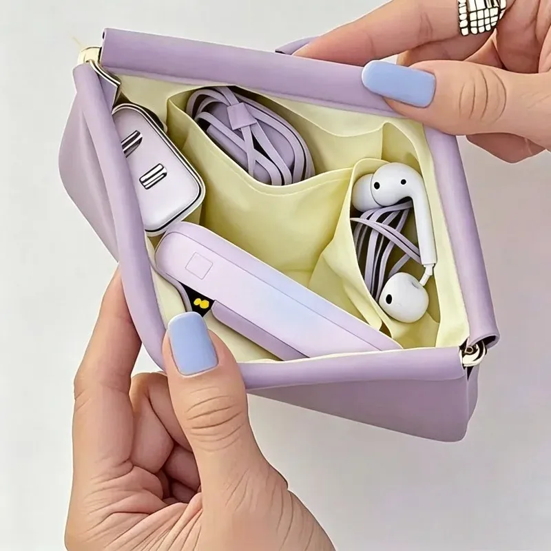 Mini sac à fermeture automatique en PU, sac de rangement portable pour écouteurs, câbles de charge, portefeuille zéro, pièces de monnaie et rouges à lèvres