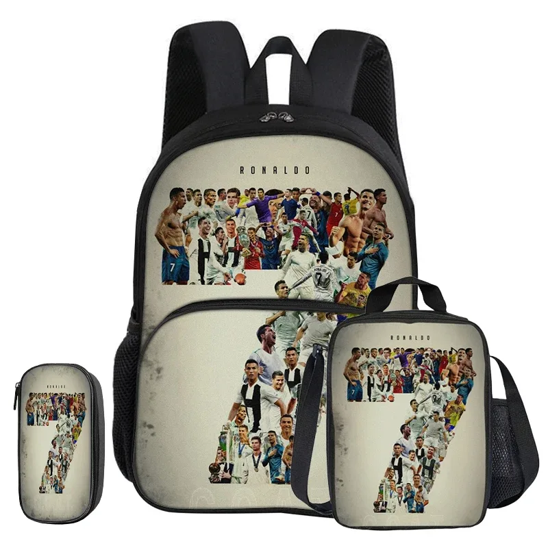 ensemble ronaldo 3 pièces avec sac à dos à poche frontale, sac isotherme pour le sport et le football, et trousse à crayons cr football star