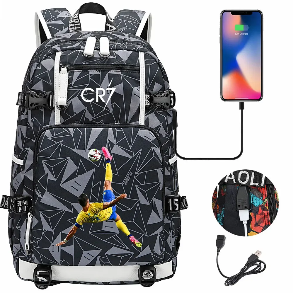 football star cr7 usb adolescents étudiant cartable femmes hommes ordinateur portable voyage sport sac à dos fille garçons enfants retour à l'école livre sacs