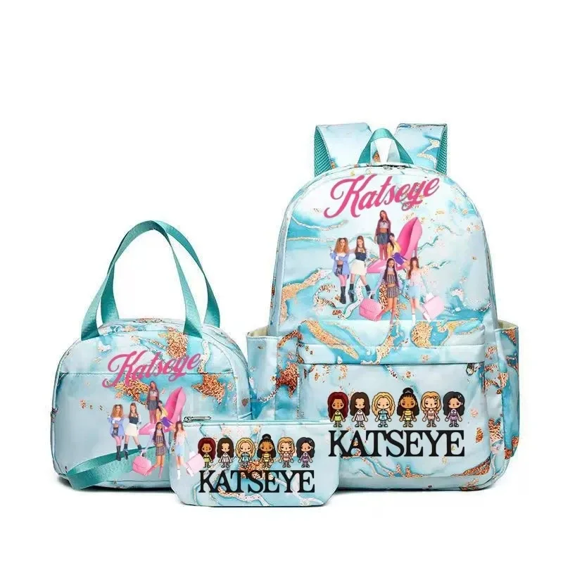 sacs à dos katseye à imprimé amusant avec sacs à lunch, multi-poches, camouflage, pour adolescents, sac à dos de voyage pour ordinateur portable, sac d'école pour femmes, mochila
