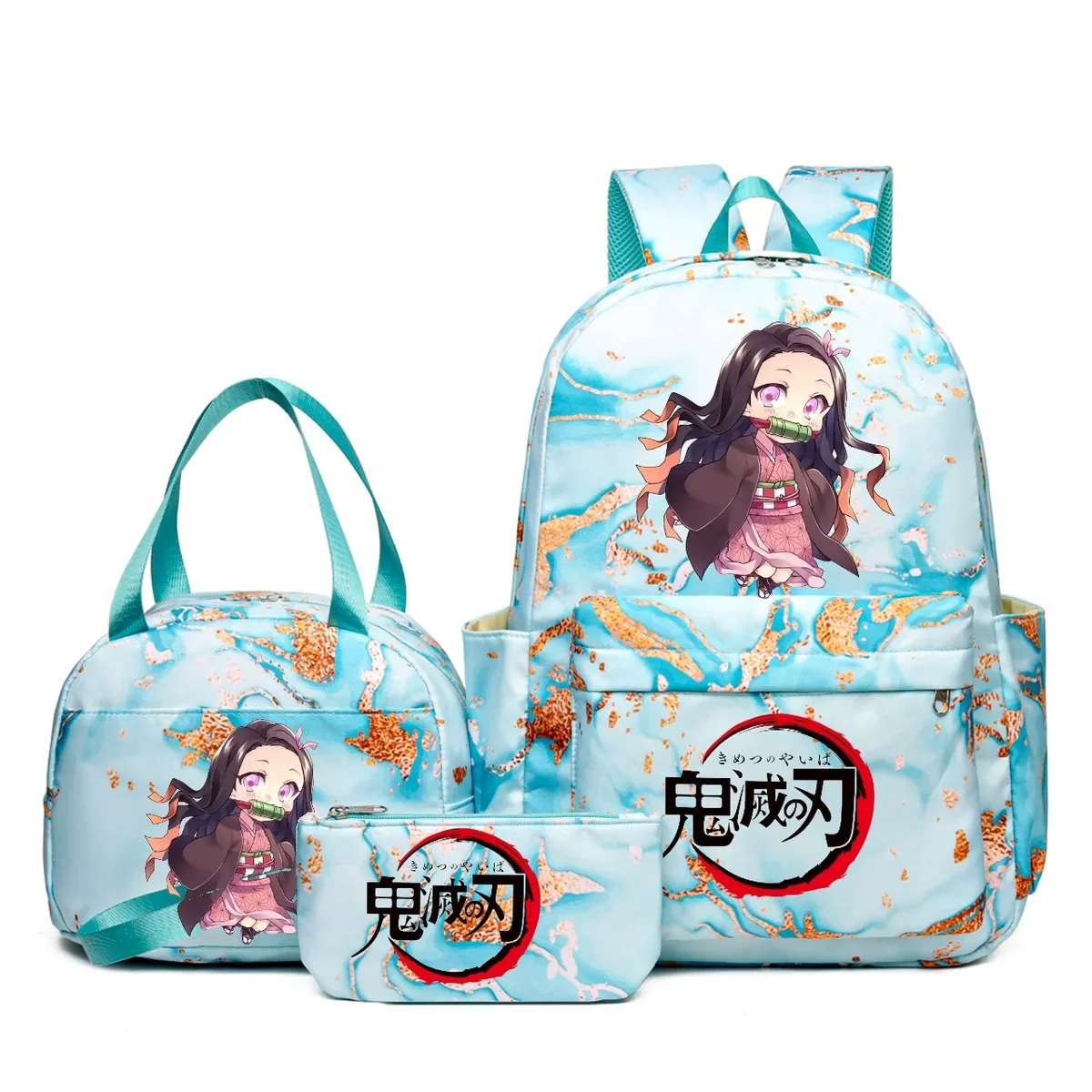 sac à dos demon slayer nezuko kamado, capacité dégradée, ordinateur portable, sacs d'école pour adolescents, sacs à lunch, voyage, décontracté, 3 pièces