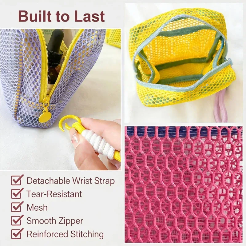 mini pochette de rangement en maille avec sangle de poignet, fermeture éclair transparente, sac de voyage de plage pour cosmétiques, clés, écouteurs, petits accessoires, 4/1 pièce