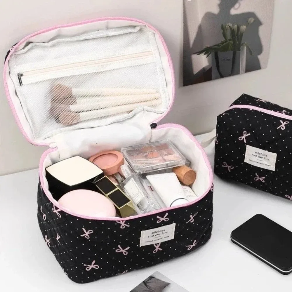 sac matelassé rose tendance avec nœud, grande capacité, pochette de rangement pour maquillage, sac carré imprimé nœud
