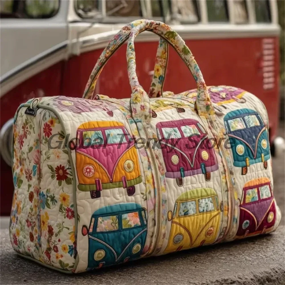 sac de voyage matelassé pour homme, motif floral et bus de la paix, sac fourre-tout décontracté pour femme, sac de week-end