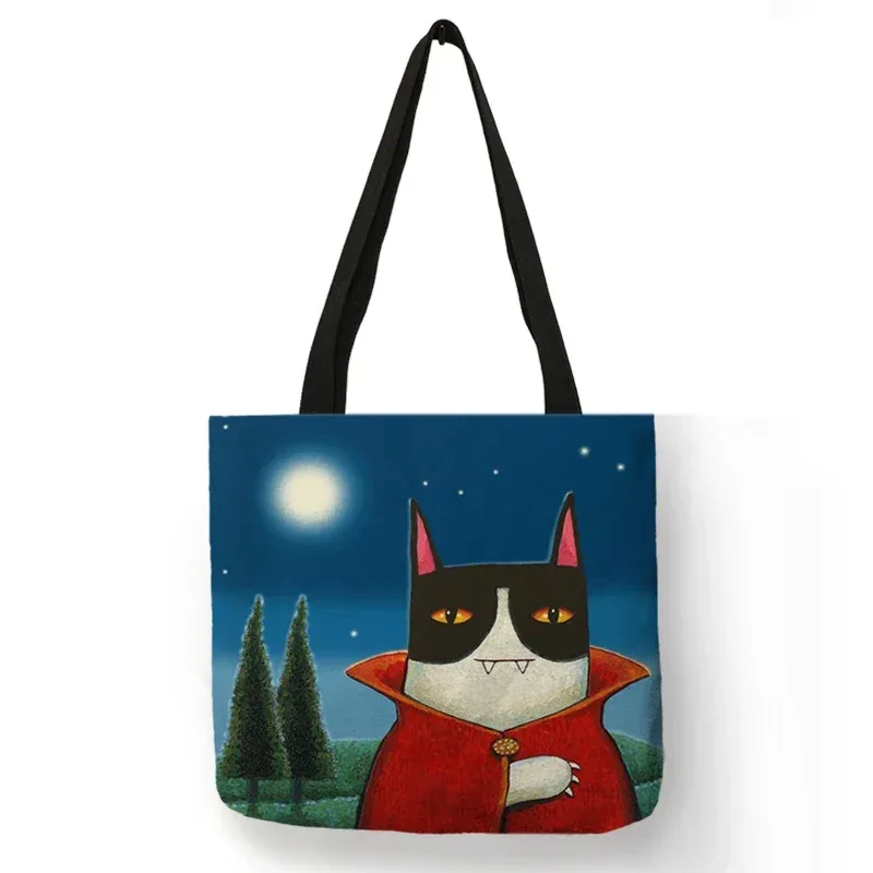 sac à bandoulière imprimé chat noir pour femmes, fourre-tout, sacs à main, peinture artistique animale, sac de shopping graphique pour boutique, supermarché, fourre-tout de plage