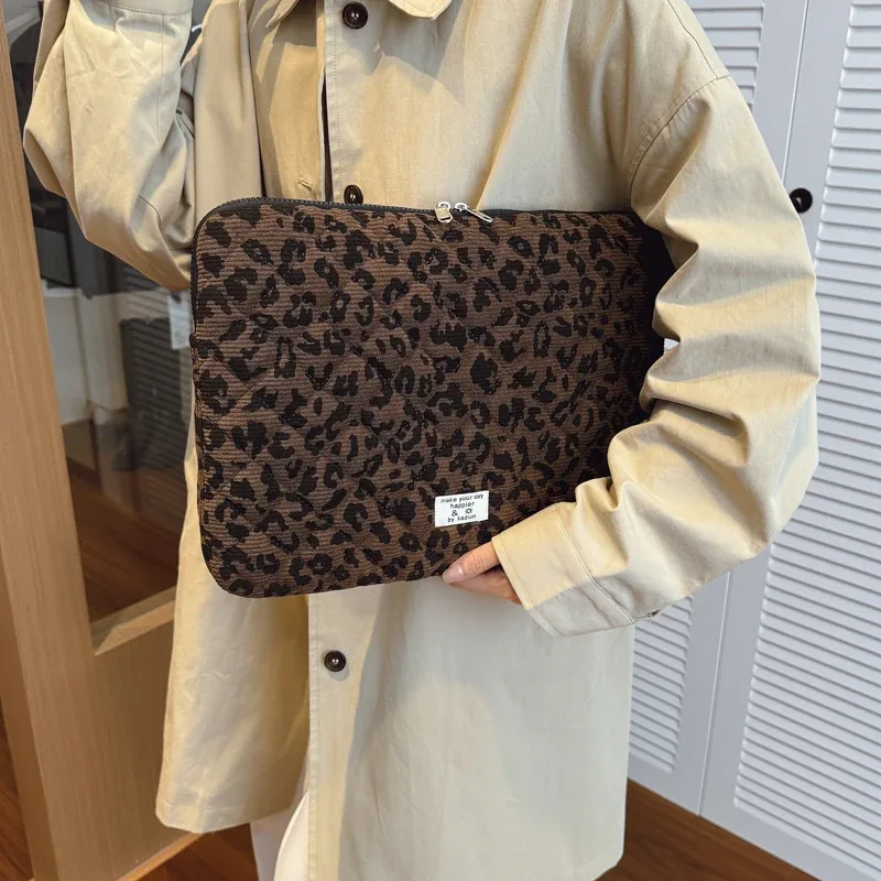 sac de rangement pour ordinateur portable en velours côtelé, léger et décontracté, imprimé léopard, décoration, 11/13/15 pouces, adapté au déplacement quotidien