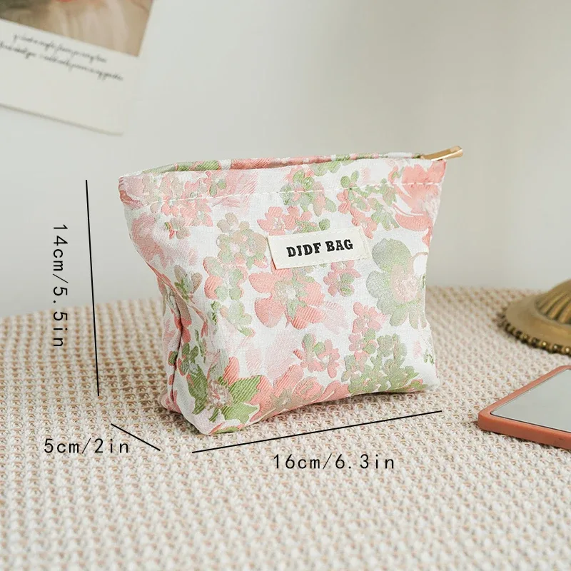 djdf – petit sac à cosmétiques à fleurs roses pour femmes, double couche en toile douce, sac de rangement portable pour serviettes hygiéniques, porte-monnaie style ins