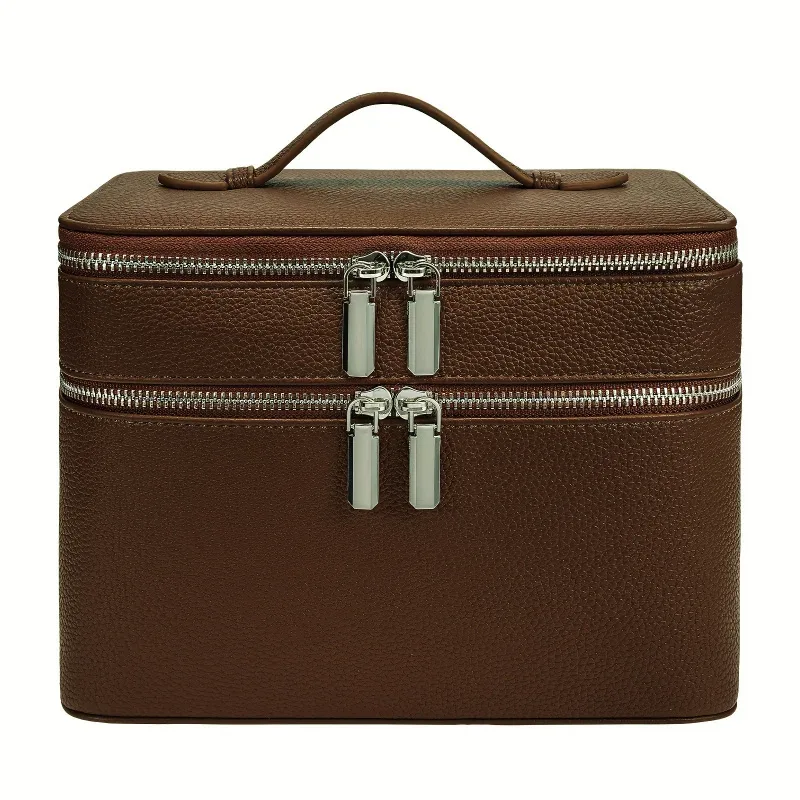 trousse de maquillage en cuir double couche grande capacité, organiseur de cosmétiques étanche, trousse de toilette de voyage portable pour femmes