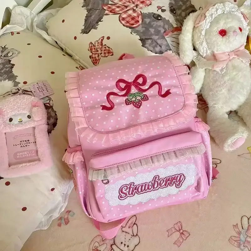 doux mignon fraise fruits broderie dentelle patchwork sac à dos femmes style preppy imperméable en nylon école sac à dos pour fille