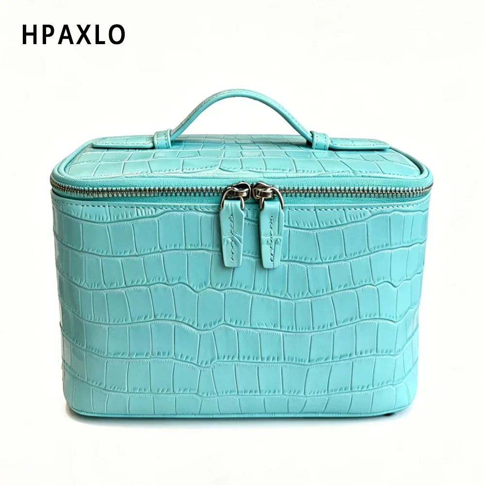 pochette de maquillage en cuir véritable texture crocodile, trousse de toilette de voyage, organiseur de rangement de grande capacité de qualité supérieure pour femmes