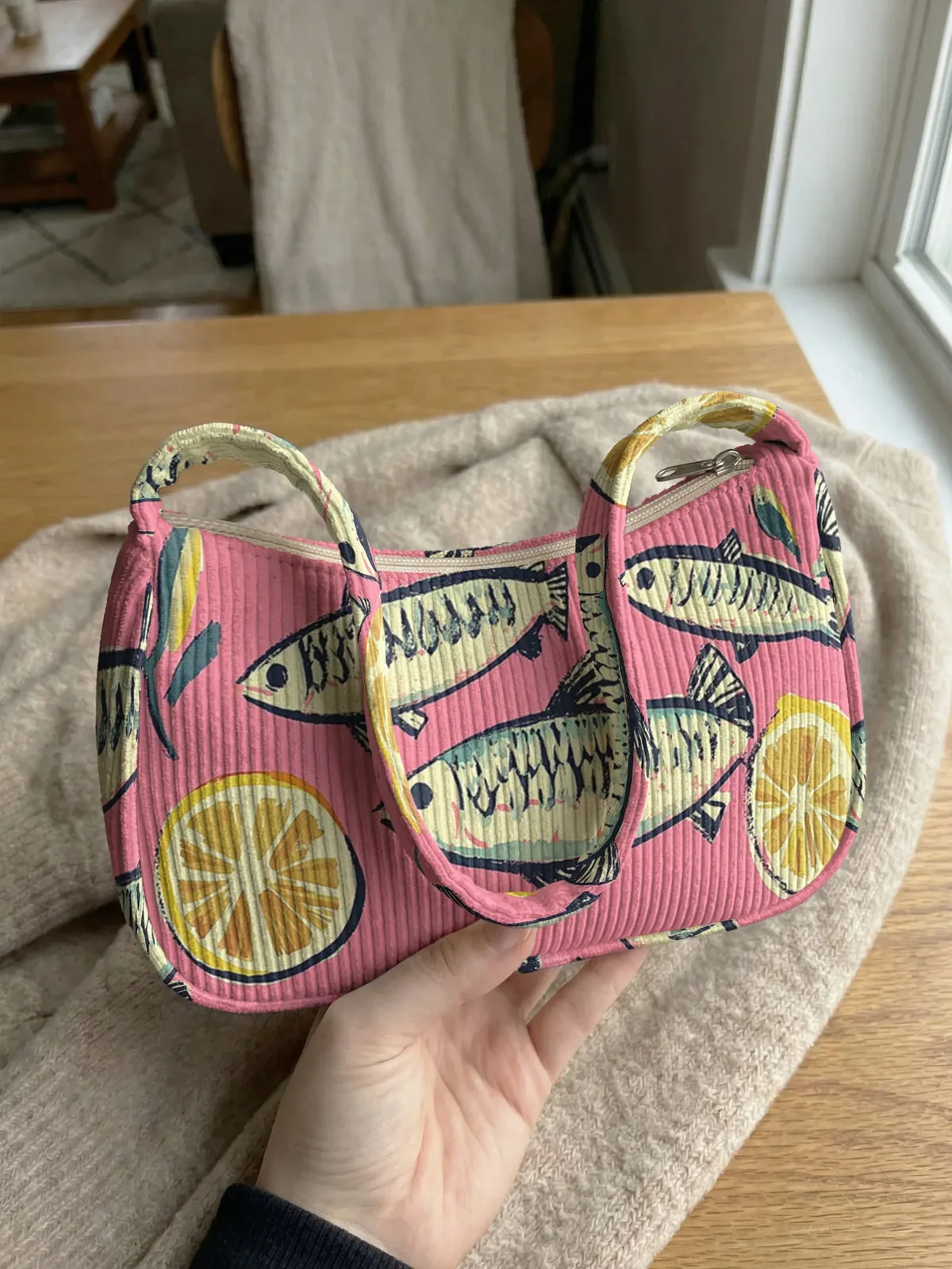 Sac à bandoulière tendance imprimé poissons et citrons, sac sous le bras en velours côtelé rose pour un usage quotidien décontracté