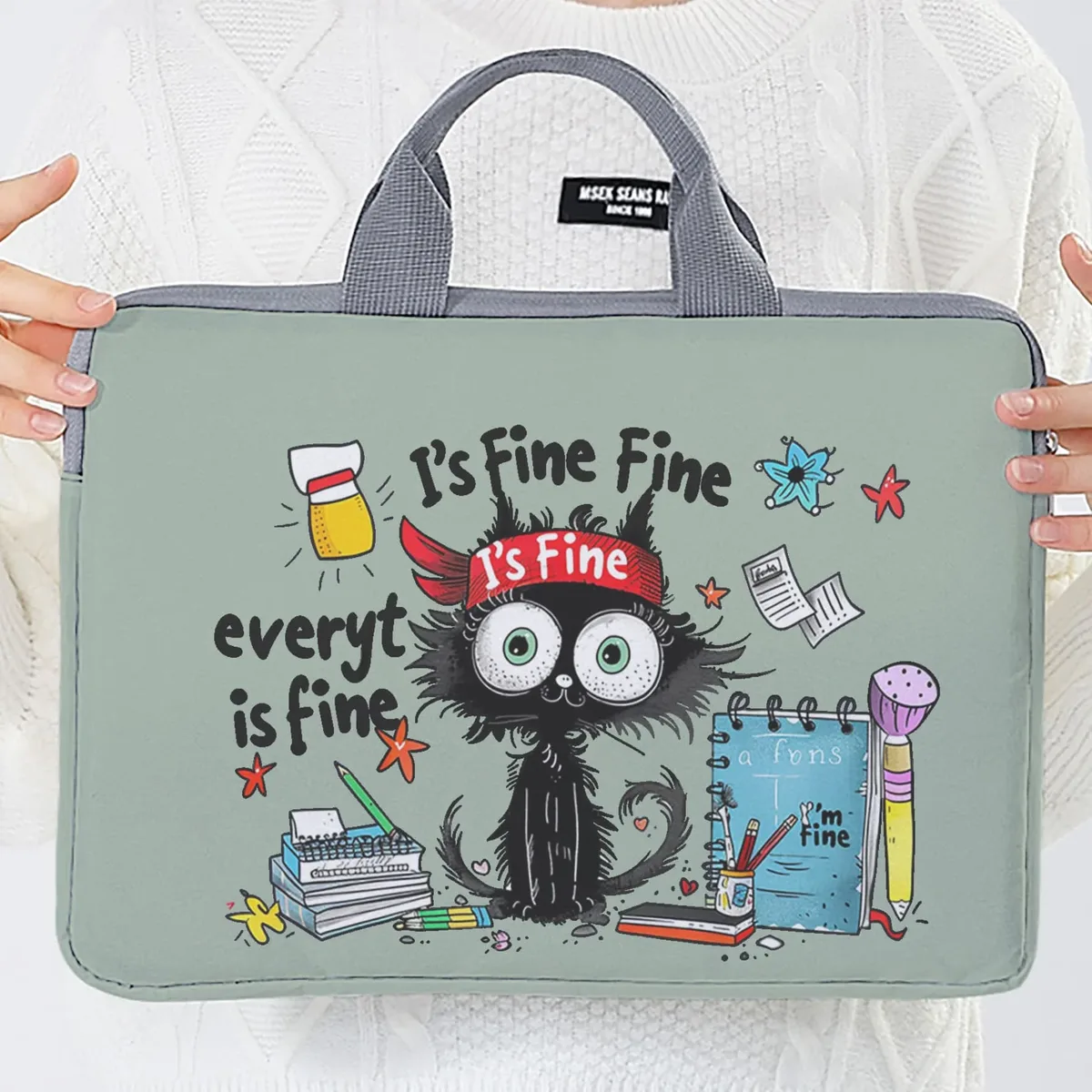 ensemble unique, deux styles, sacoche pour ordinateur portable et porte-documents à motif de chat noir, adapté aux ordinateurs portables de 14 pouces.
