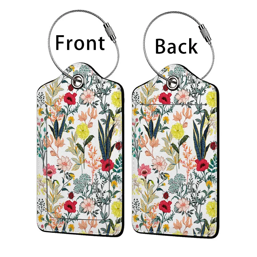 étiquette de bagage d'affaires en cuir imprimé de belles fleurs, étiquette d'adresse de valise, étui d'embarquement de bagages, clip d'adresse d'identification de nom