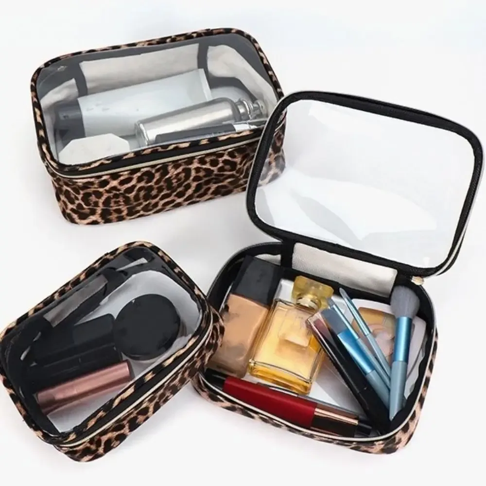 sac de maquillage imprimé léopard, sac à cosmétiques de voyage transparent et étanche avec fermeture éclair, s