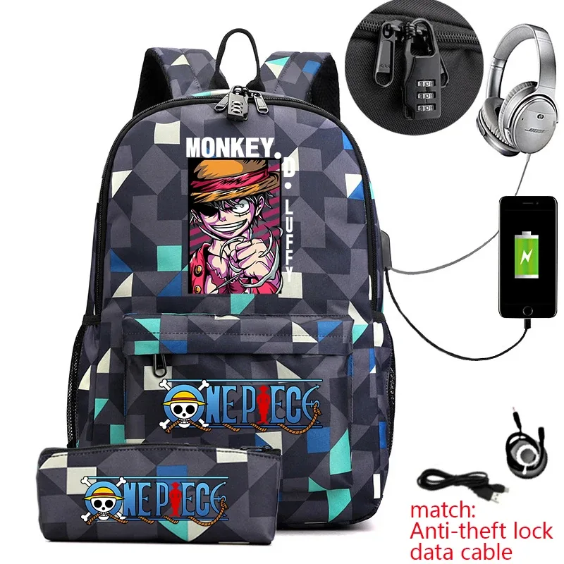 sac à dos d'étudiant imprimé one piece luffy, sac d'école décontracté antivol avec trousse à crayons pour garçons et filles