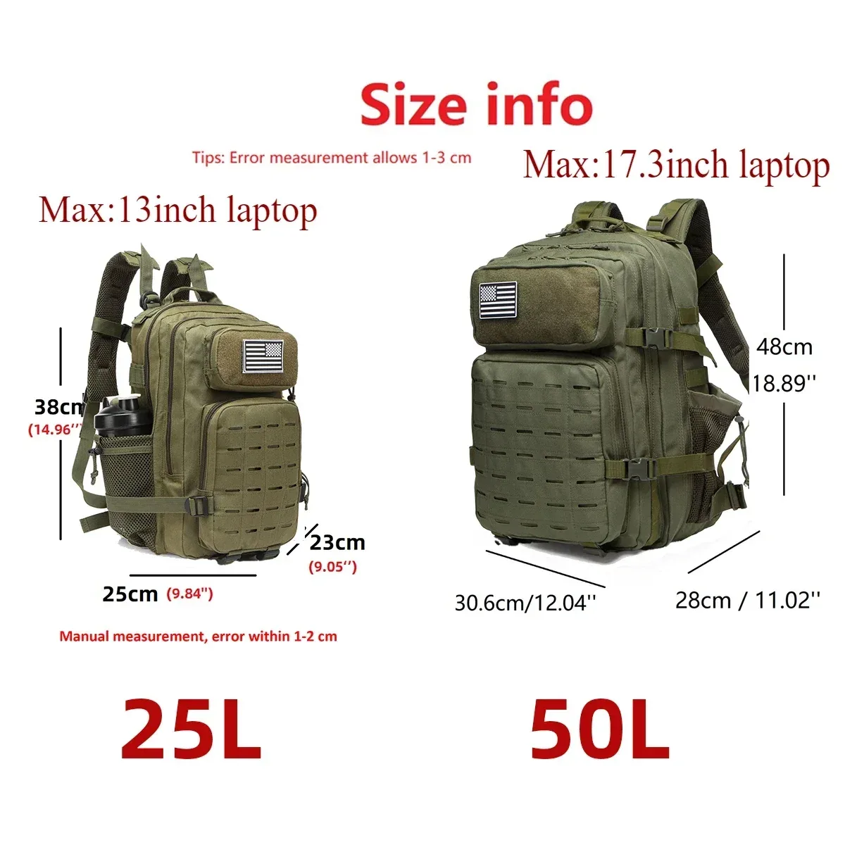 25l/50l étanche avec 2 porte-bouteilles sac à dos salle de sport voyage en plein air randonnée pêche trekking sacs à dos 13 pouces pochette d'ordinateur