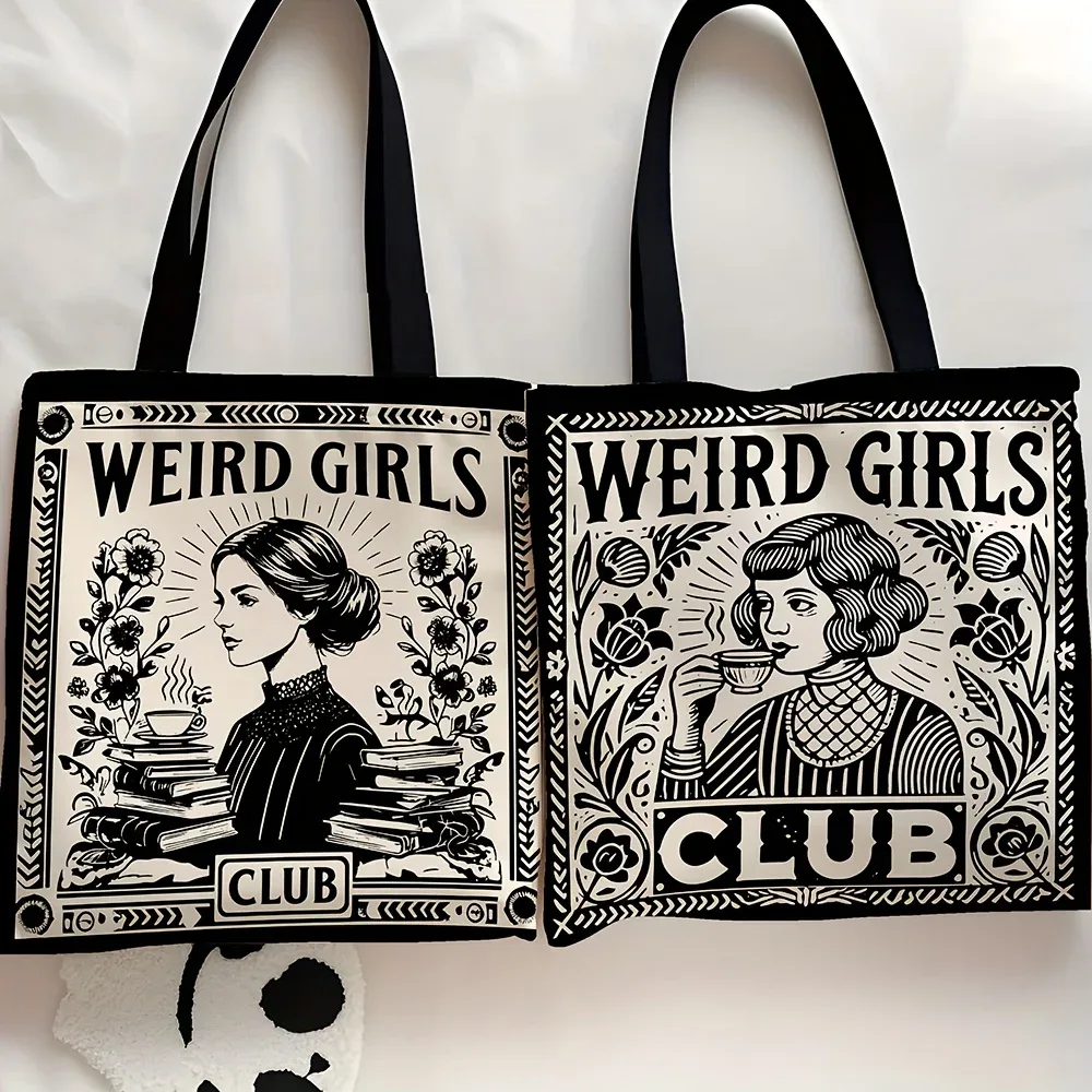 sac fourre-tout weird girls club, design floral noir et blanc élégant, sac à bandoulière pour usage quotidien décontracté, cadeau de noël idéal pour les meilleures amies.