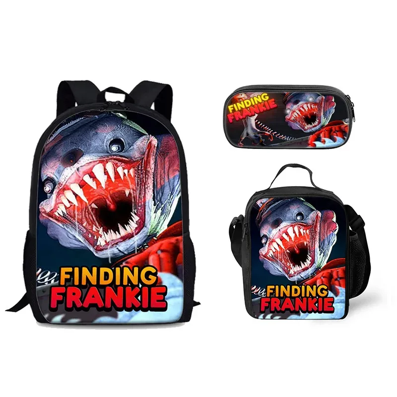 sac à dos tendance et populaire avec impression 3d frankie, ensemble de 3 pièces pour étudiants : sac à dos pour ordinateur portable, sac à déjeuner et trousse.