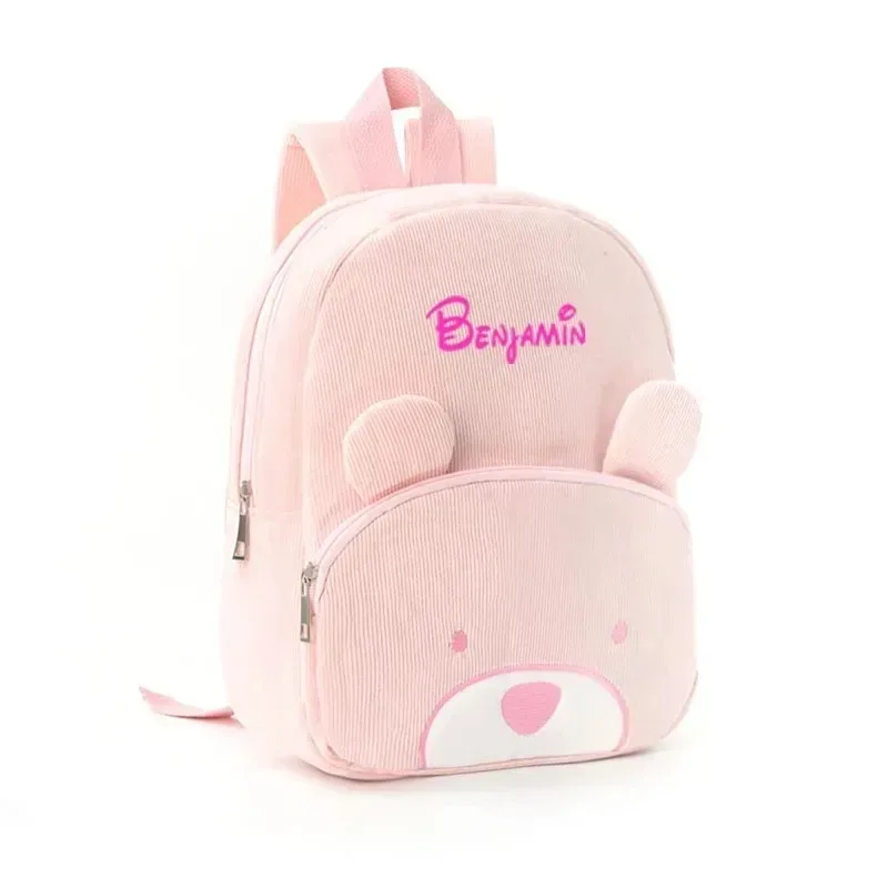 sac à dos pour tout-petits avec nom personnalisé, sac en velours côtelé ours de dessin animé de grande capacité, sac à dos en peluche avec nom brodé pour enfants