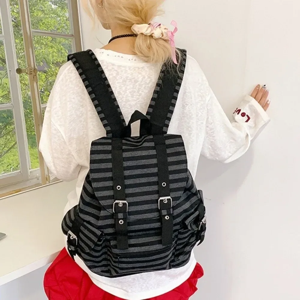 sac à dos rétro à rayures de grande capacité, style y2k, multi-poches, sac d'école pour étudiants, sac de randonnée et de camping en nylon, style coréen.