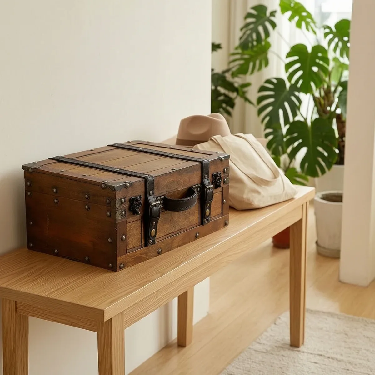 Coffre de rangement décoratif en bois avec couvercle à charnières, style vintage, classique et polyvalent