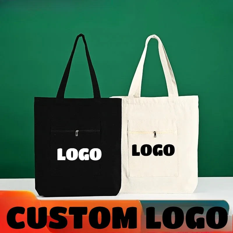 Sac fourre-tout en toile personnalisé avec logo imprimé, sac en coton vierge à bandoulière, sac de shopping grande capacité avec fermeture éclair, vente en gros