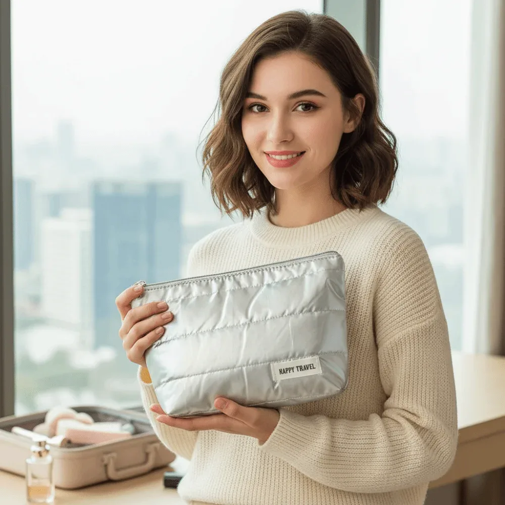 sac de maquillage portable de style pochette, grande capacité, sac cosmétique or/argent, léger, imperméable, sac organisateur pour femmes