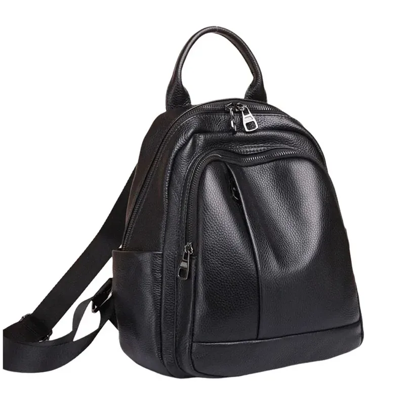 Sac à dos en cuir de vachette véritable noir pour femme, sac à dos décontracté antivol pour femme, sac initié en cuir véritable, motif solide, sac à dos scolaire pour filles