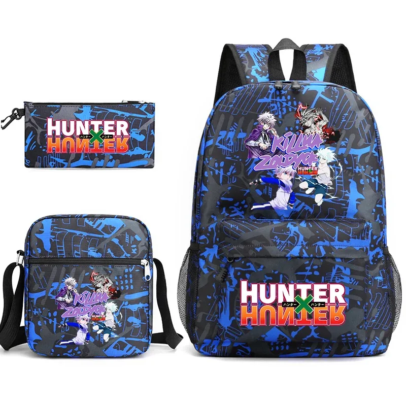 sac à dos d'étudiant imprimé hunter x hunter, sac à bandoulière décontracté, trousse à crayons, ensemble 3 en 1 pour garçons et filles, école
