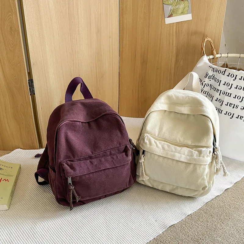 petits sacs à dos en toile solide pour femmes, 100% coton, petits sacs de loisirs ou de voyage, sacs d'école en tissu mignon pour enfants, paquet vert à bandoulière
