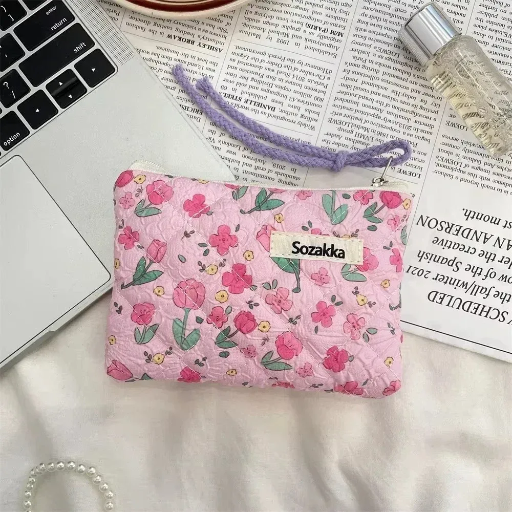 sac de maquillage imprimé en toile pour femmes, mignon, portable, style coréen, petits sacs à cosmétiques, étui de rangement de voyage, trousse de toilette