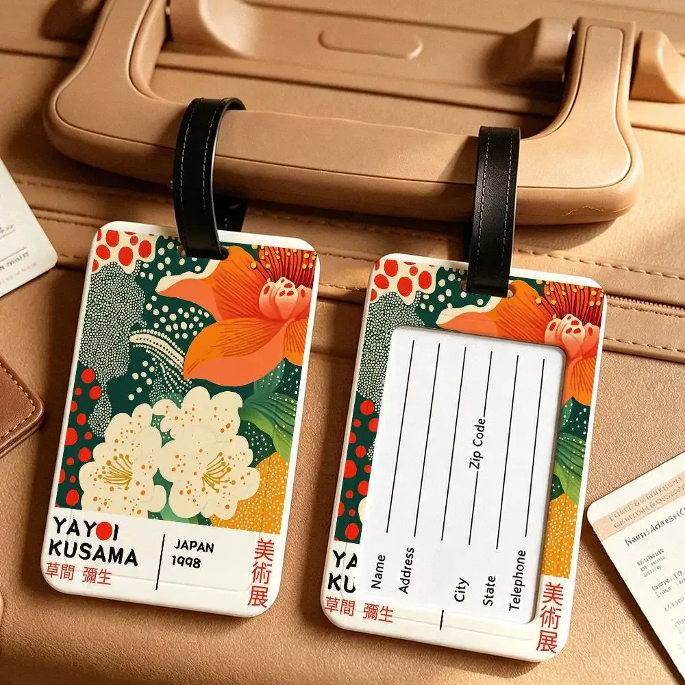 étiquette de bagage en pvc imperméable, motif exposition d'art yayoi kusama, avec carte d'information anti-perte, pour sac d'étudiant et valise de voyage