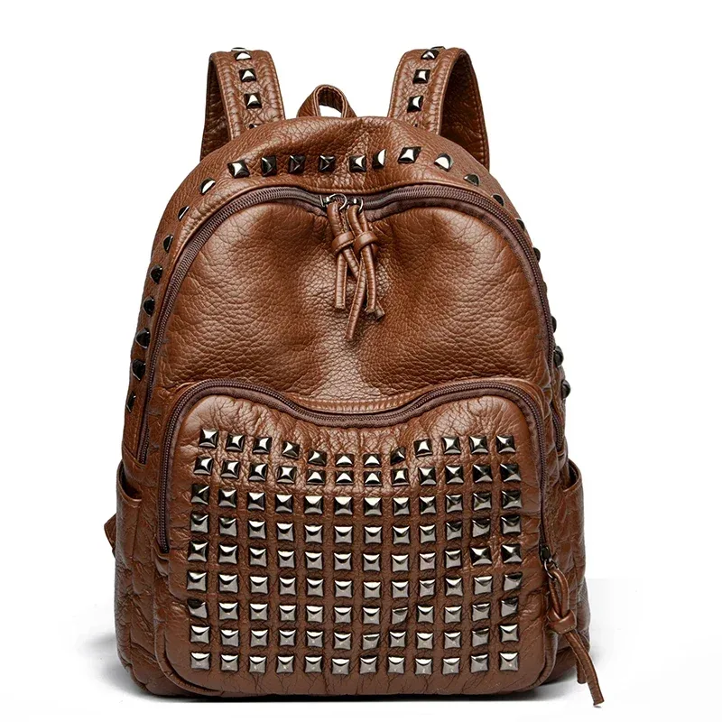 sacs à dos en cuir souple rivet pour femmes, grande capacité, sac d'école pour filles, sac à dos féminin de luxe, sacs de voyage, mode