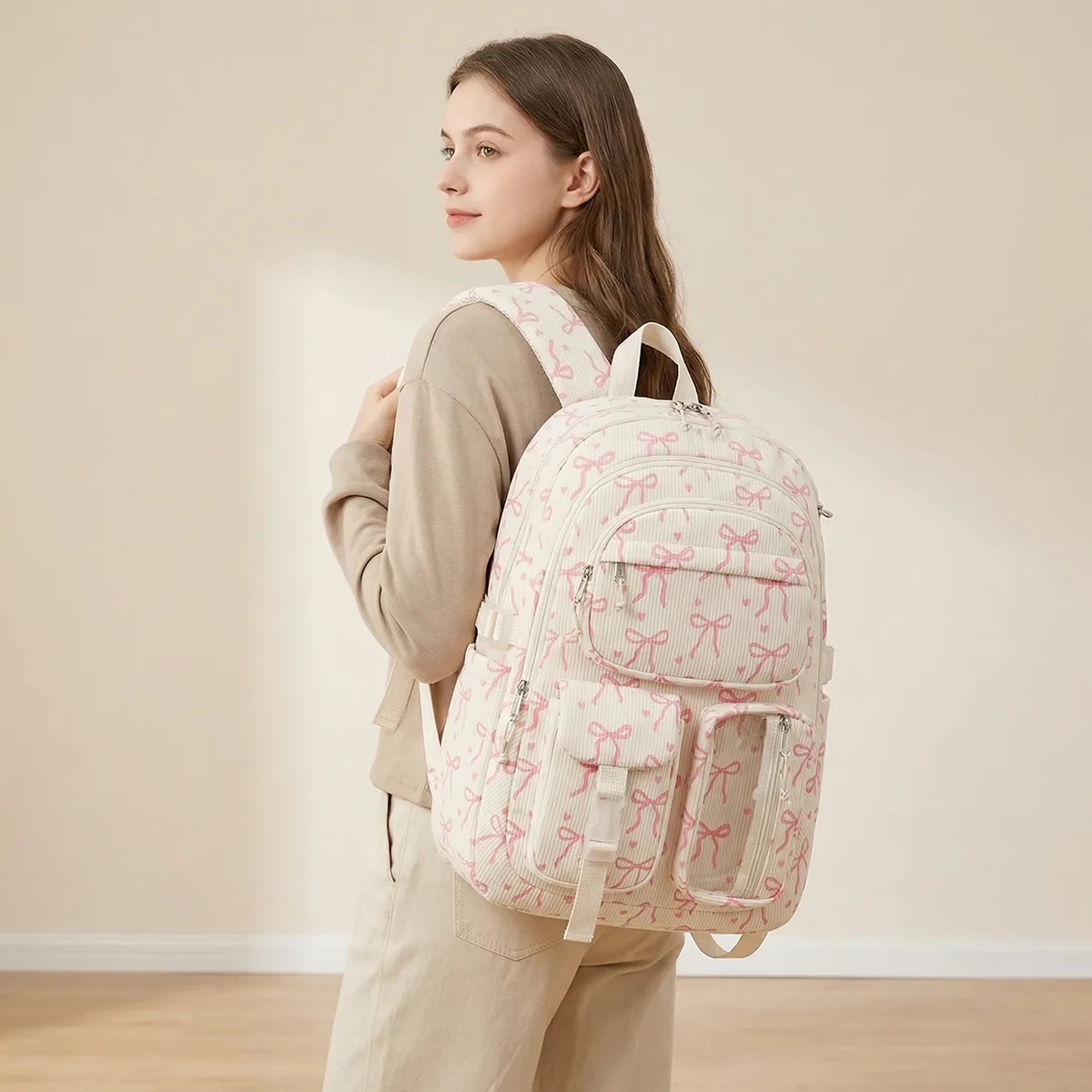 Sac à dos en velours côtelé pour femmes, multi-poches, multi-couches, avec sac à lunch et trousse à crayons, sac à dos de voyage de grande capacité