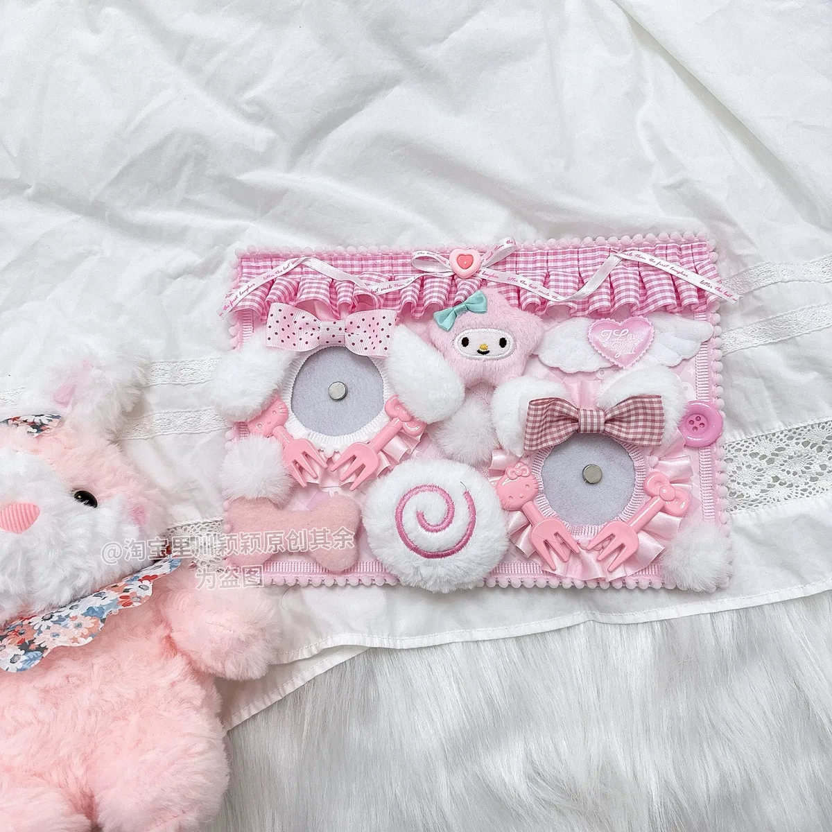 planche ita diy rose finie, style peluche mignon, organisateur de badges pour sac ita, accessoires itabag