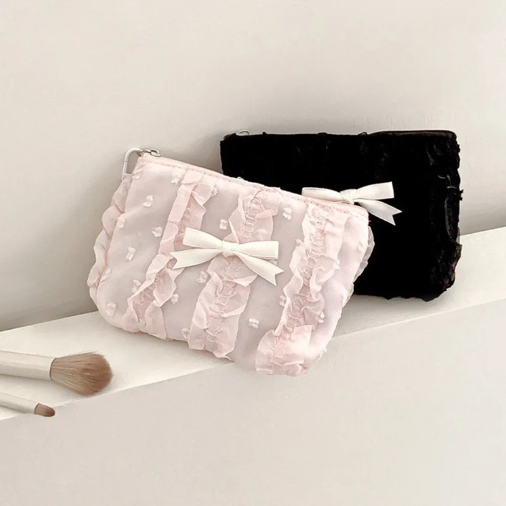 mini trousse de maquillage mignonne, nœud en dentelle, sac à main porte-monnaie portable, sac de rangement de cosmétiques pour dames